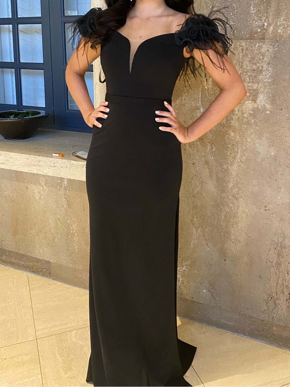 Terani Couture Black Off-Shoulder Feather Detail Maxi Gown
